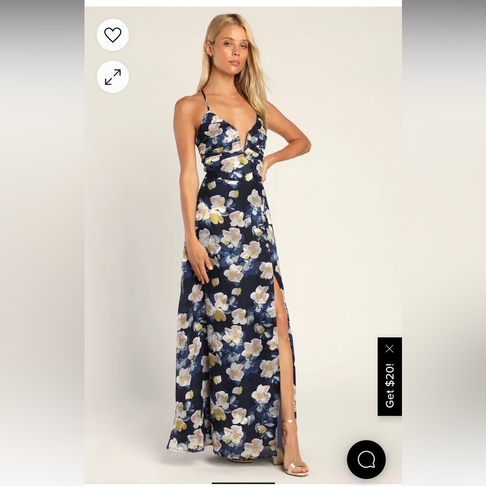 *NEW W/ TAGS* Lulu's Navy Blue Floral Notched Maxi Dress Size XS